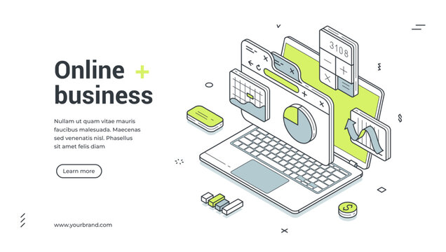 Online business analyzing strategy development isometric web banner design template vector illustration. Internet commercial retail financial productivity efficiency analysis laptop workflow