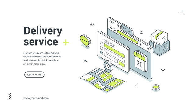 Delivery service logistic distribution company workflow isometric web banner design template vector illustration. Courier shipment cargo postal parcel online shopping marketplace order shipping
