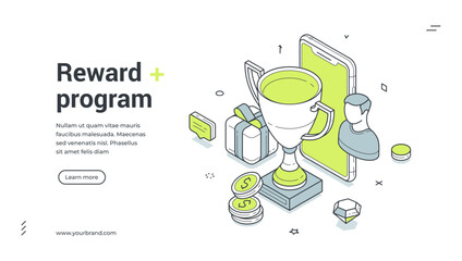 Reward program best choice seller customer isometric web banner design template vector illustration. Award loyalty satisfaction engagement rating evaluation digital service mobile app technology