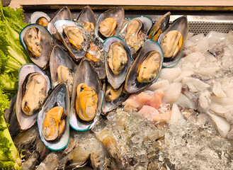 Display of Fresh Mussels and Seafood on Ice