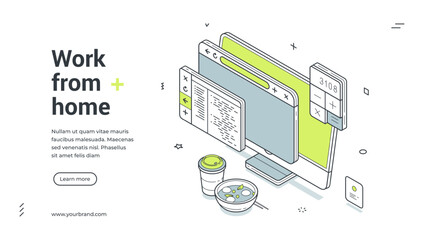 Work from home office remotely freelance business isometric web banner design template vector illustration. Distance job remote internet project coding SMM computer workflow digital technology