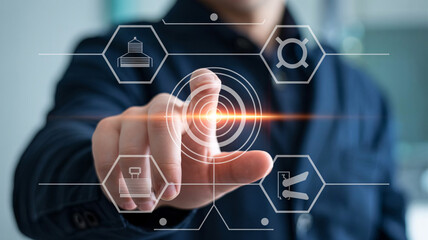 A businessman interacting with a futuristic digital interface in a modern office setting.