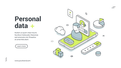 Personal data user login password mobile app isometric web banner design template vector illustration. Account protection authentication identification cloud computing information analyzing smartphone