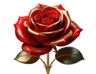Single red rose with gold glitter on the edges 3D,white background