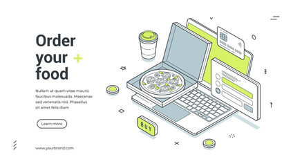 Plakat Order your food online shopping menu isometric web banner design template vector illustration. Cafe restaurant marketplace meal dish purchase laptop retail commercial e business digital technology