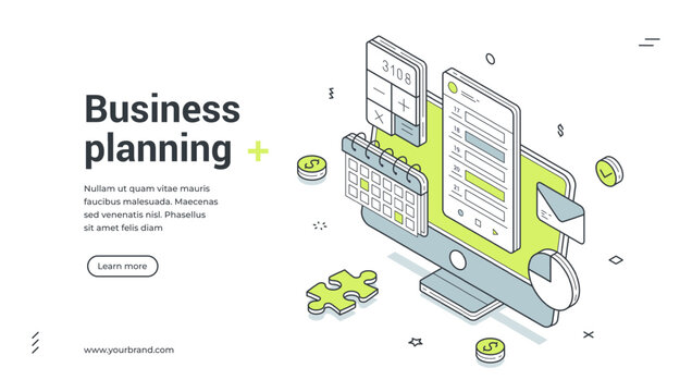 Business planning time management computer workflow isometric web banner design template vector illustration. Work optimization deadline to do list efficiency productivity organization technology