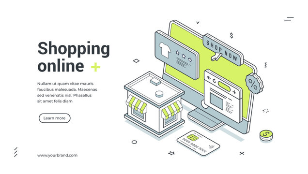 Online shopping marketplace order computer isometric web banner design template vector illustration. Internet store shop buying goods purchase cyberspace retail commercial e business technology