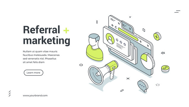 Referral marketing strategy promo program isometric web banner design template vector illustration. Internet advertising campaign client recommend loyalty affiliate social media network technology