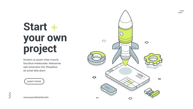 Start your own project strategy development workflow isometric web banner design template vector illustration. Startup commercial product management analyzing efficiency productivity optimization