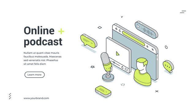Online podcast audio social media content isometric web banner design template vector illustration. Cyberspace entertainment radio show interview listen information influencer auditorium interaction