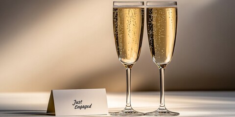 Two champagne flutes celebrating engagement with just engaged sign
