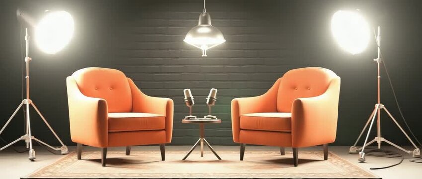 Two orange recliners, microphones, and expert lighting in an empty podcast studio