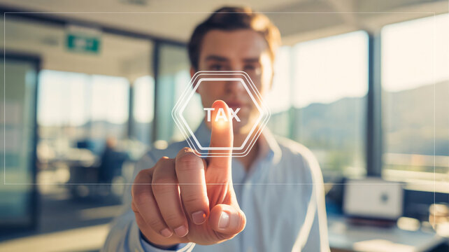 A man in a modern office interacting with a digital tax interface on his finger - Powered by Adobe