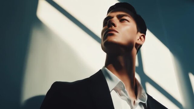 A striking image of a man in a suit, bathed in light, exudes confidence and strength, highlighting his success and style.