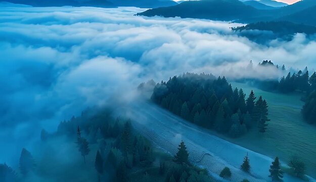 Misty Mountain Sunrise Over Evergreen Forest With Sun Rays Breaking Through Clouds In Taiwan