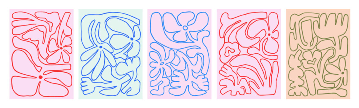 Abstract floral cards, line art poster designs set. Modern hand-drawn flower sketches, nature pattern in doodle whimsical style. Contoured outline scribbles, naive shapes. Flat vector illustrations