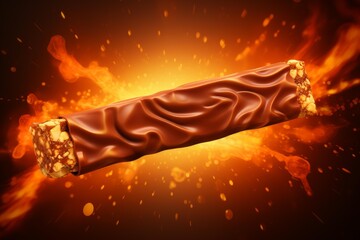 Chocolate bar with nuts appearing from bursting fire and sparks on a fiery background