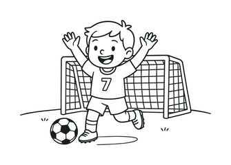 Obraz premium Soccer Celebration Coloring Page. Soccer celebration children?s coloring book illustration, outlined drawing, a cheerful player raising arms beside a simple