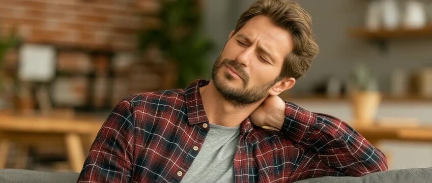 A man experiencing sciatica, back, muscular, and neck discomfort at home