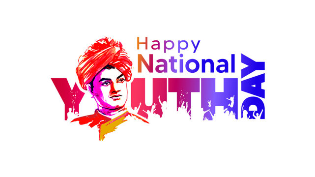 Happy National Youth Day of india holiday or Swami Vivekananda Jayanti fest and celebration logo.
