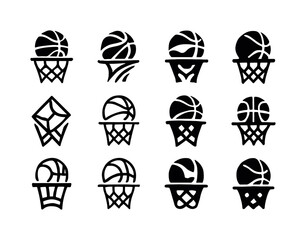 Basketball Hoop Logos. basketball hoop. Icon set. Set Logo of basketball hoop: dynamic scoring moment. harmonious logo variations of the same emblematic