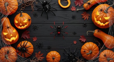 Spooky Halloween Decorations: Jack-o'-lanterns, Pumpkins, Spiders, and Cobwebs on Dark Wood