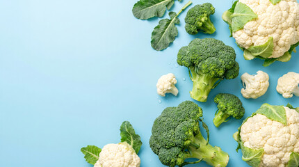 Fresh broccoli and cauliflower florets scattered on a vibrant blue background.