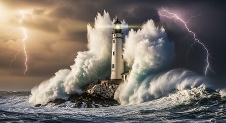Stormy Seas Lighthouse Beacon - Crashing Waves and Lightning Strikes