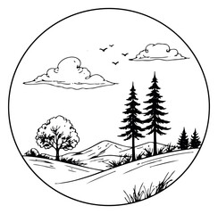 Fototapeta premium Hand drawn line art illustration of a landscape scene depicting trees, mountains, clouds, and birds for nature and outdoor themes