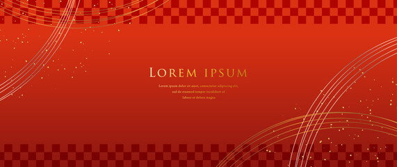 Japanese style red background with gold lines and checkered pattern, new year celebration banner