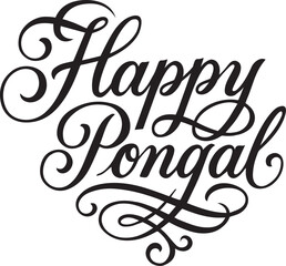 Festive Happy Pongal greeting design with elegant hand lettering, sugarcane illustration, and a traditional Pongal pot symbolizing South Indian harvest celebration.