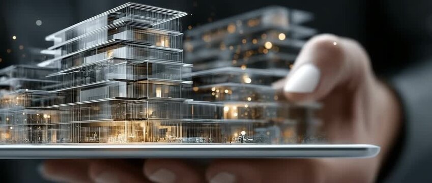 In the engineer's hand, a futuristic 3D building model floats over a tablet.