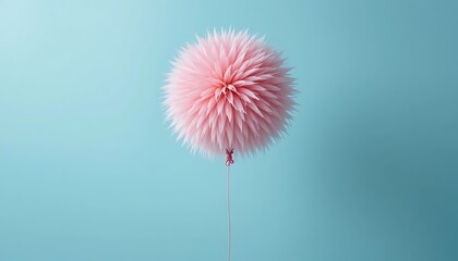Soft pink dandelion seed head floating gently against a serene blue sky