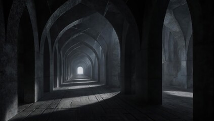 Fototapeta premium Long, dark, arched corridor with light at the end, ancient and mysterious