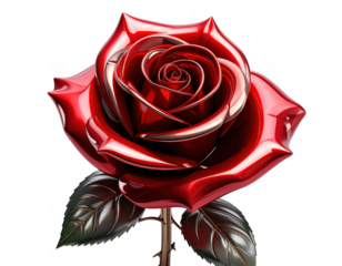 3D chrome finish red rose with polished metallic texture,white background
