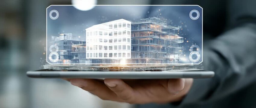 In the engineer's hand, a futuristic 3D building model floats over a tablet.