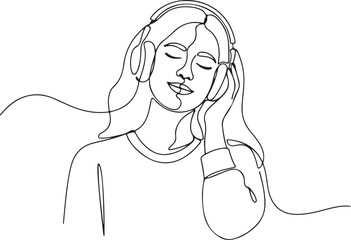 Minimalist continuous line art illustration of a serene young woman wearing headphones, eyes closed, deeply engrossed in music and finding peace