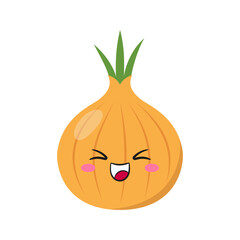 Cartoon yellow onion, fun and cute vegetable, smiling character, kawaii style, icon vector illustration.