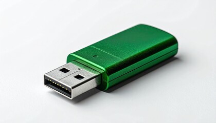 Green USB Flash Drive on White Background for Data Storage.