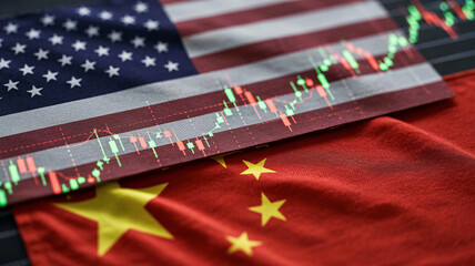 The flags of America and China with a stock market graph on top, symbolizing international trade and finance.