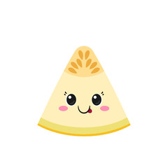 Melon slice, fun and cute cartoon character, tasty ripe fruit, big eyes, happy smiling face, kawaii style, icon vector illustration.
