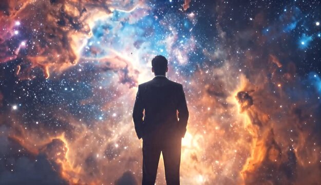 Man In Suit Gazing At Vibrant Nebula Cosmic Clouds And Stars With Colorful Hues Of Orange Blue And Purple