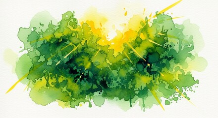 Vibrant watercolor splash of green and yellow abstract explosion with sun rays