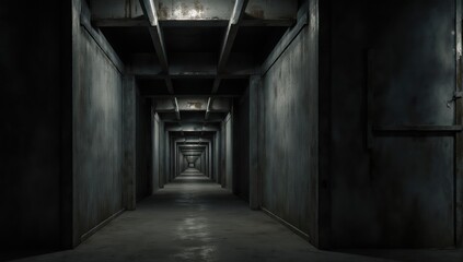 Dark, elongated concrete hallway, with perspective vanishing into infinity