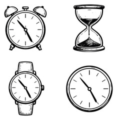Hand drawn line art time icon set featuring an alarm clock, hourglass, wrist watch, and wall clock for time management concepts