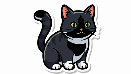 Cartoon black and white cat with green eyes and pink ears, sitting