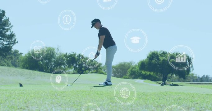 Animation of computer icon in circles over caucasian golf player with golf stick on golf course