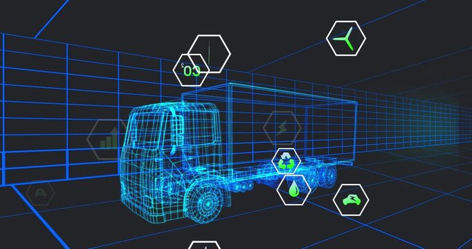 Animation of multiple digital icons over 3d truck model moving in seamless pattern in a tunnel