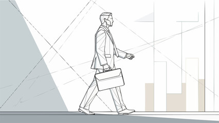 Businessman walking with briefcase in modern office environment sketch.