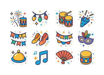 Global Celebration Icons. Global celebrations. Colorful isometric vector icons set of global celebrations: fireworks, party lights, festival drums, confetti,